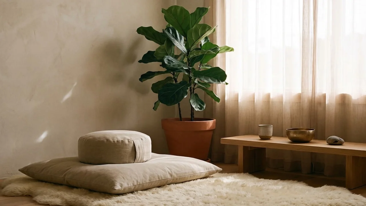 Ambiente silencioso e confortável preparado para meditar