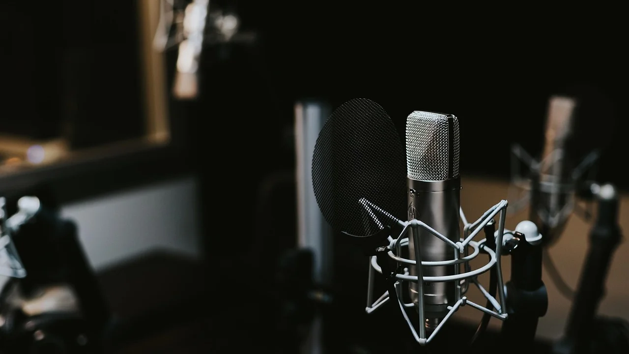 Editor de áudio exibindo faixas de voz em um computador