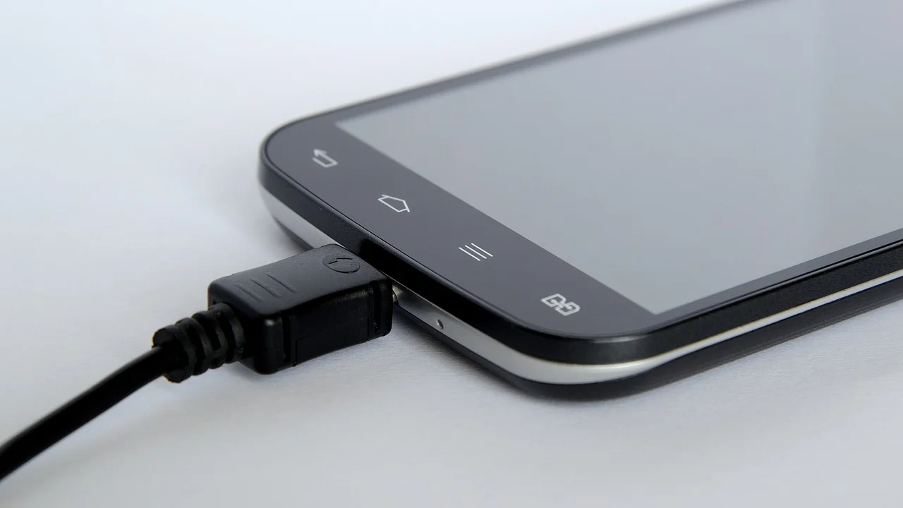 Entrada USB-C de celular vista em detalhe antes da limpeza.