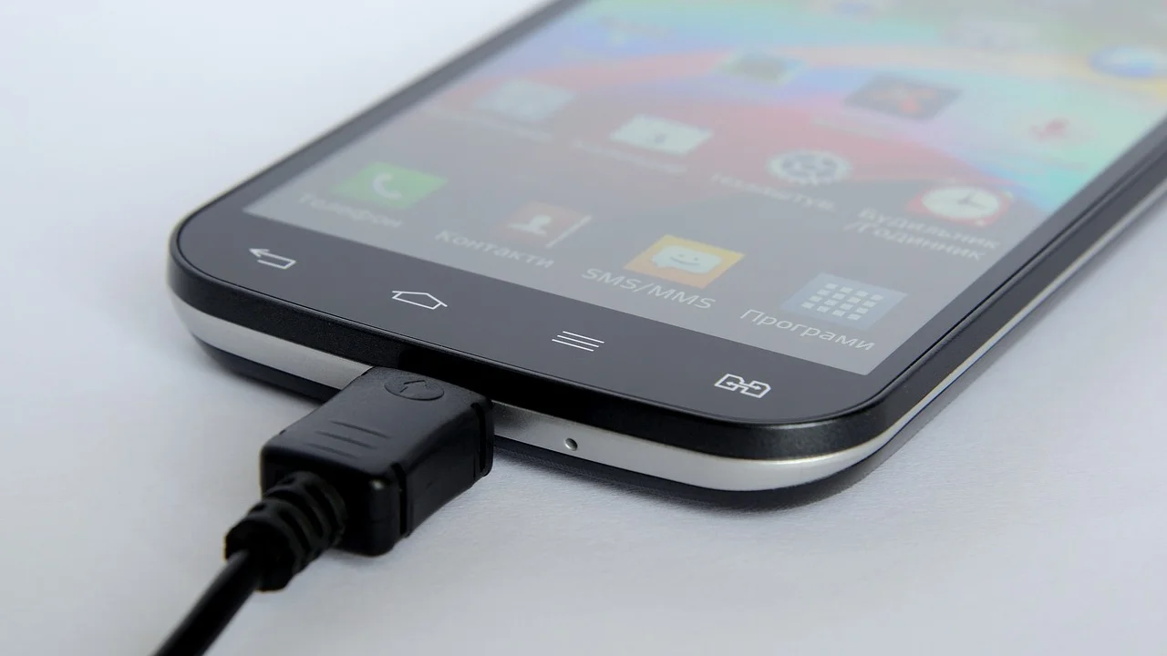 Cabo de carregamento encaixado corretamente em um smartphone.