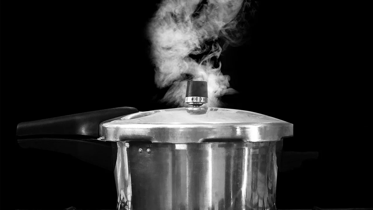 Panela de pressão fechada sobre o fogão em cozinha organizada.