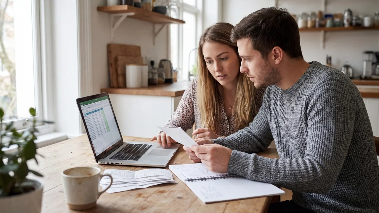 Usuária analisando contas e metas financeiras com apoio digital.